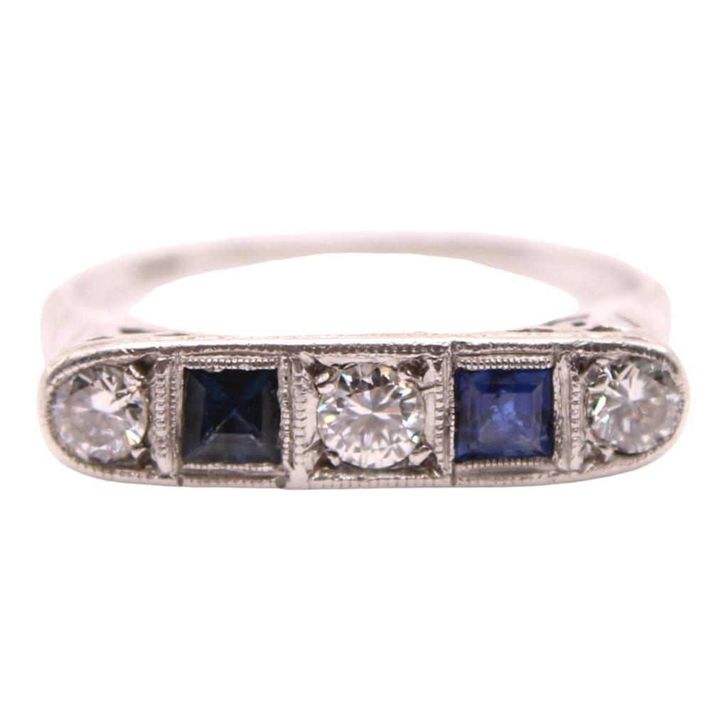 Antique Art Deco Platinum Diamond Sapphire Filigree Stacker Ring 6.25